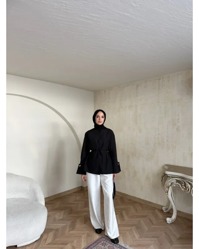Golden Accent Belted Shirt -Black