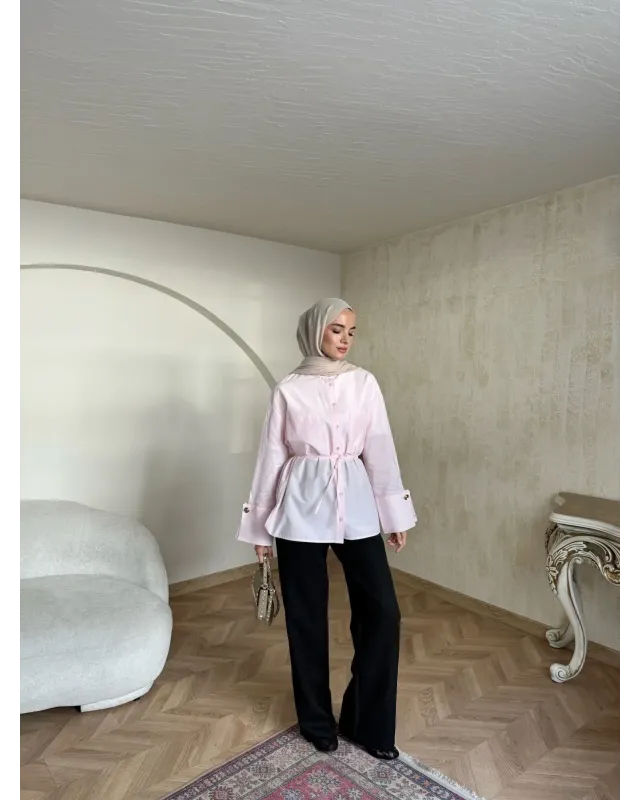 Golden Accent Belted Shirt -Pink