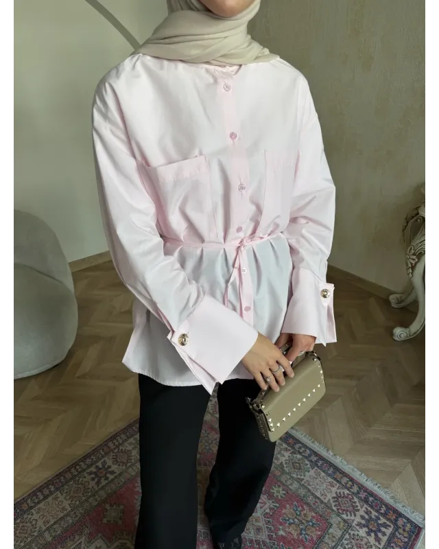 Golden Accent Belted Shirt -Pink
