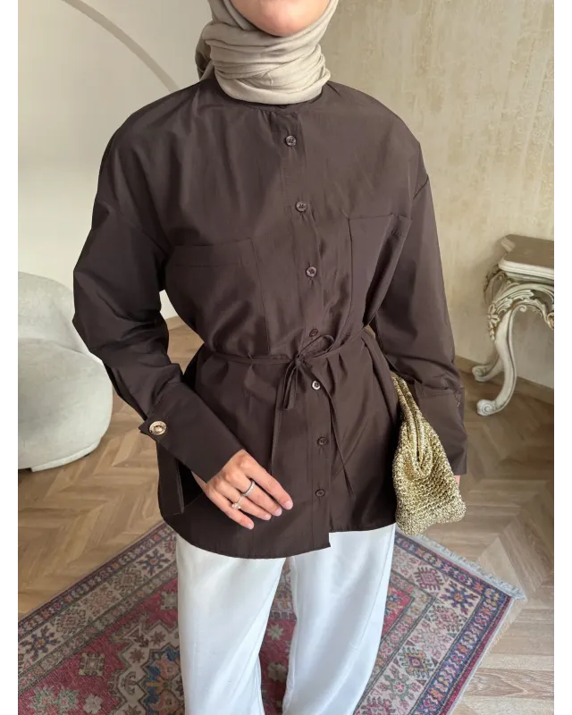Golden Accent Belted Shirt -Brown