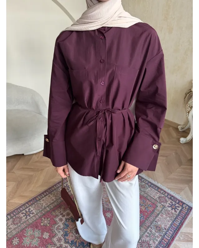 Golden Accent Belted Shirt -dark cherry