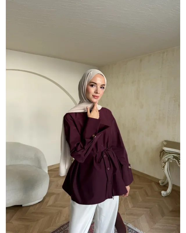 Golden Accent Belted Shirt -dark cherry