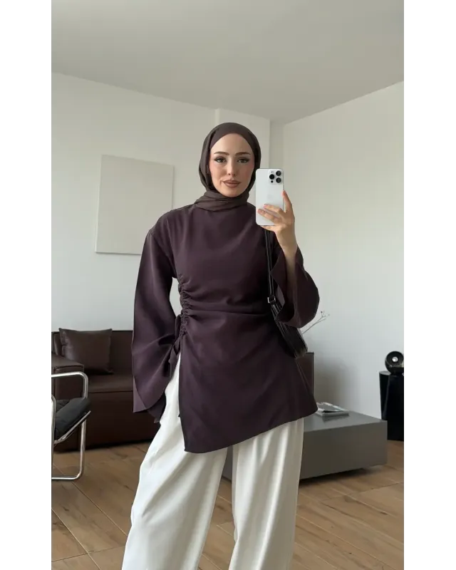 Dark Purple Blouse with Side Ruched Slit Detail