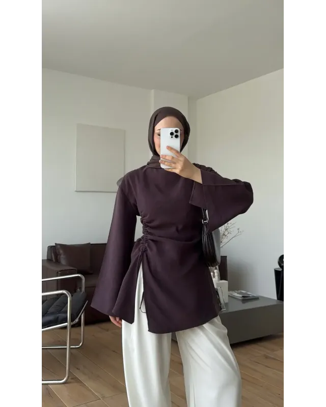 Dark Purple Blouse with Side Ruched Slit Detail