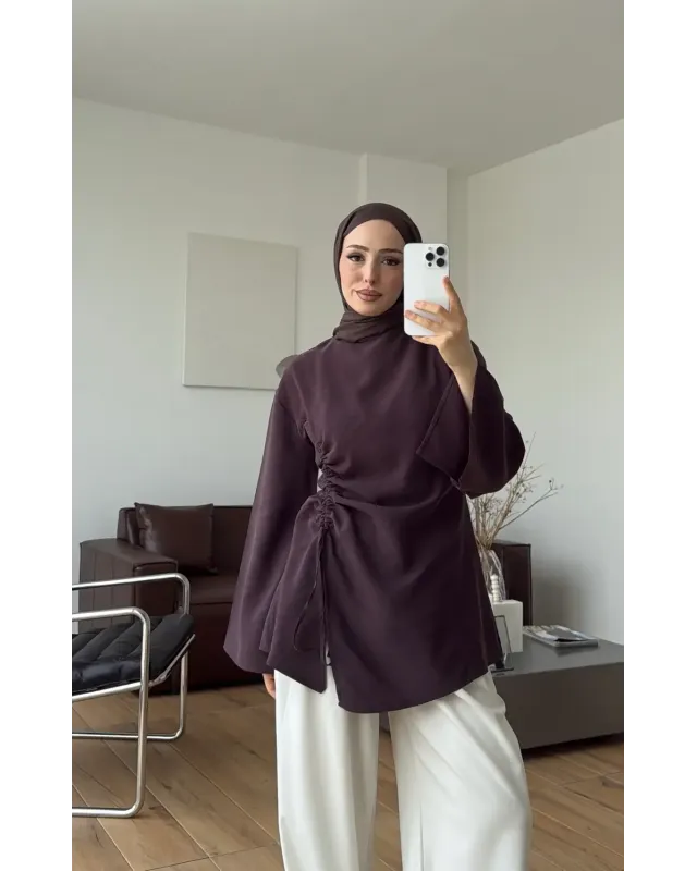 Dark Purple Blouse with Side Ruched Slit Detail