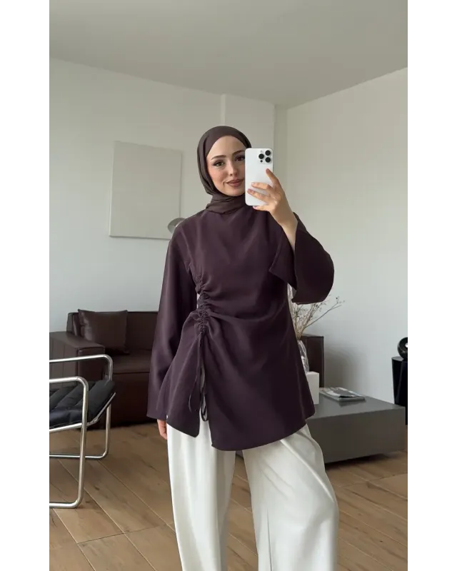 Dark Purple Blouse with Side Ruched Slit Detail