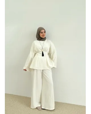 Waist-Detail Pants Set in Linen – Natural Color