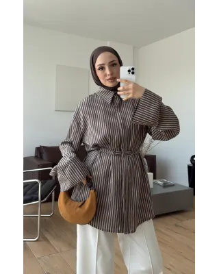Brown Striped Shirt with Buckle Detail