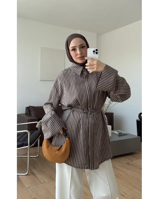 Brown Striped Shirt with Buckle Detail