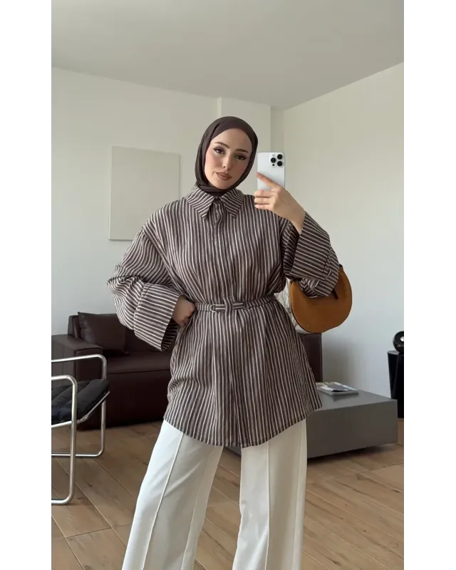 Brown Striped Shirt with Buckle Detail