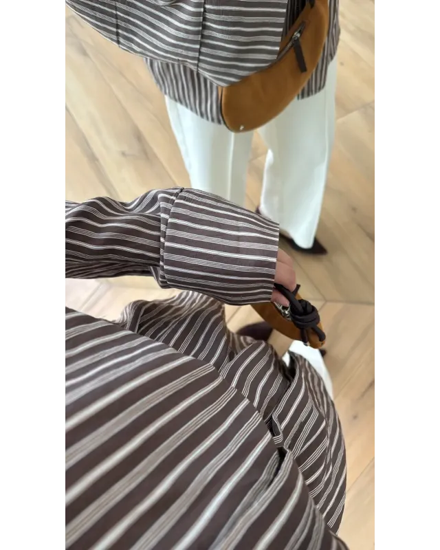 Brown Striped Shirt with Buckle Detail