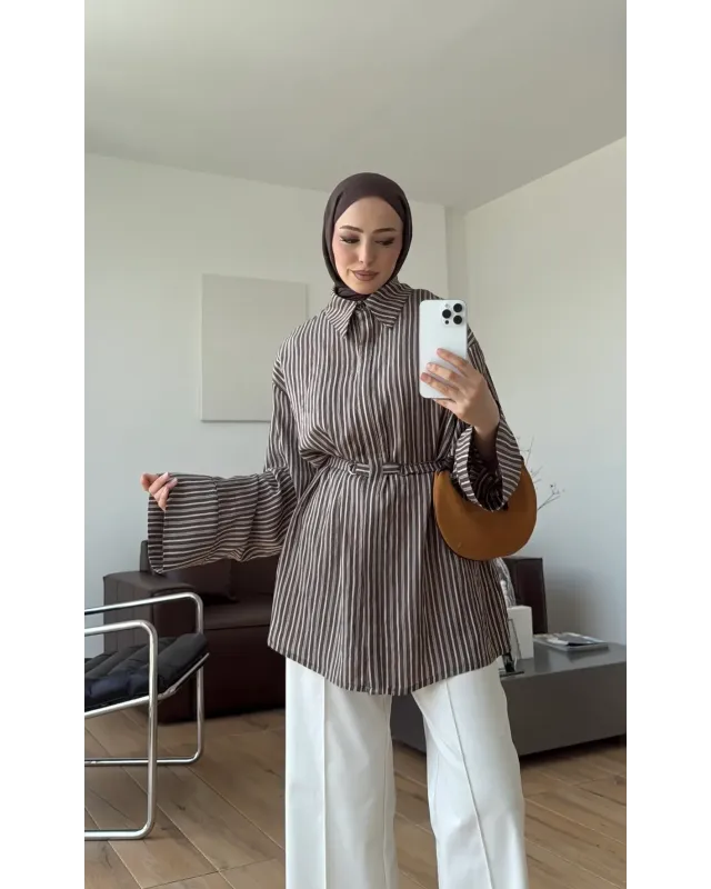 Brown Striped Shirt with Buckle Detail