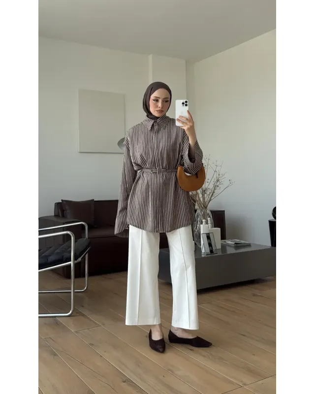 Brown Striped Shirt with Buckle Detail