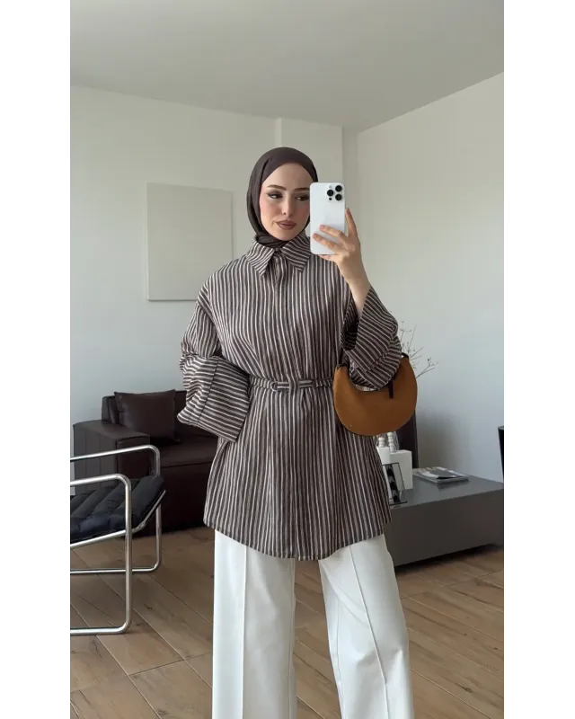 Brown Striped Shirt with Buckle Detail