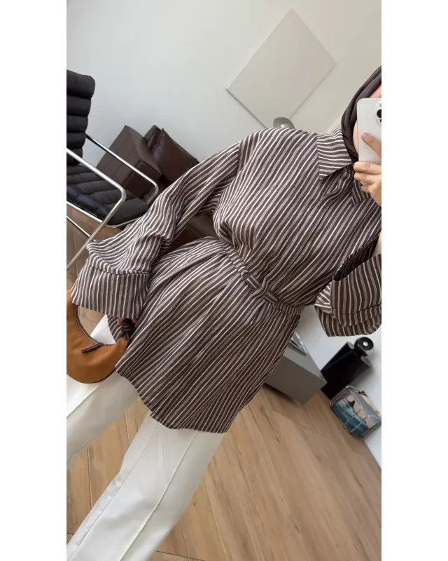 Brown Striped Shirt with Buckle Detail