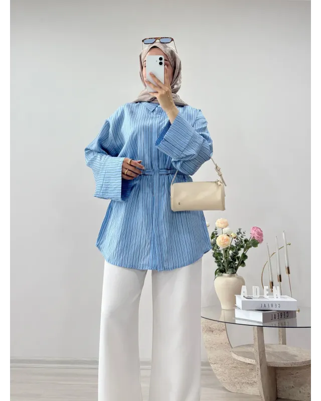 Blue Striped Shirt with Buckle Detail
