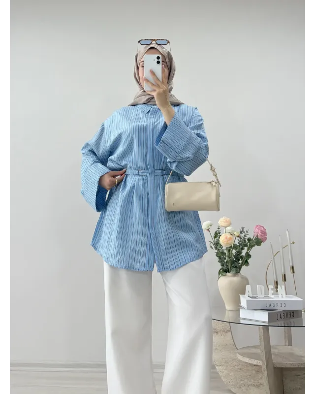 Blue Striped Shirt with Buckle Detail