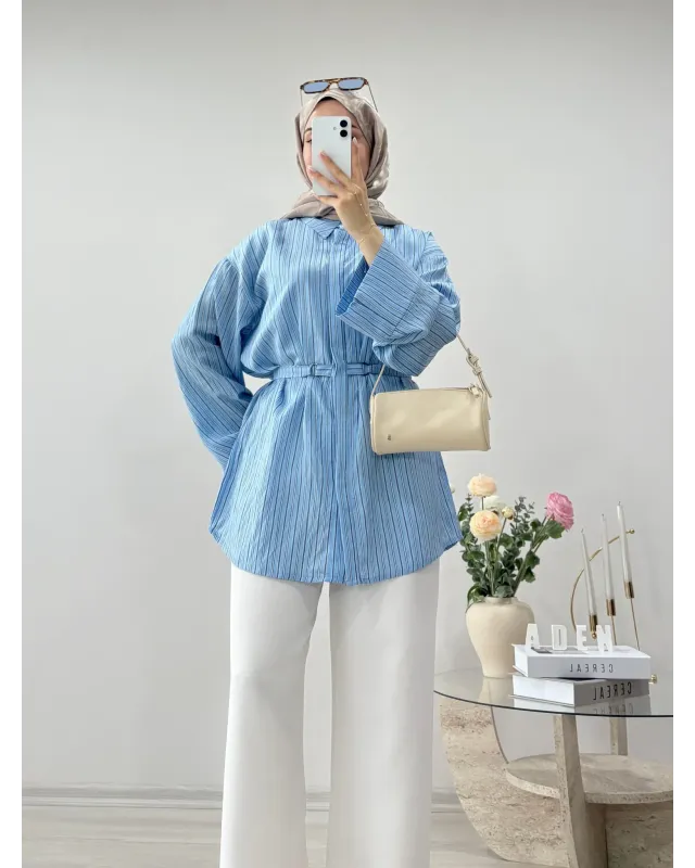 Blue Striped Shirt with Buckle Detail