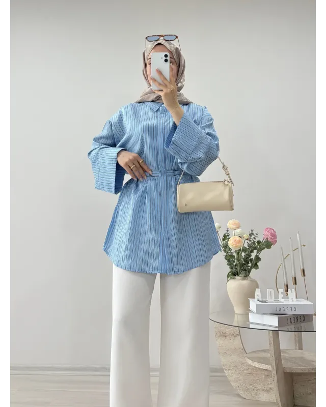 Blue Striped Shirt with Buckle Detail
