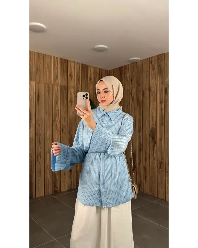 Blue Striped Shirt with Buckle Detail