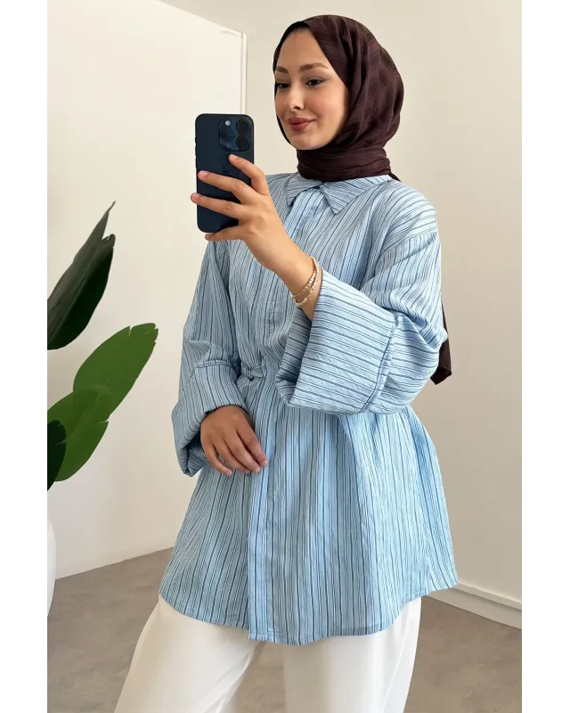 Blue Striped Shirt with Buckle Detail