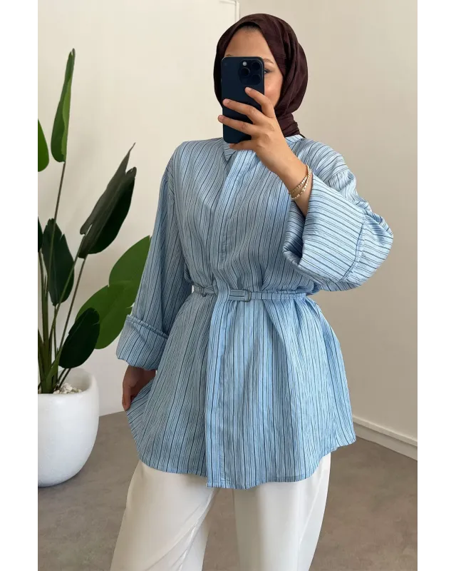 Blue Striped Shirt with Buckle Detail
