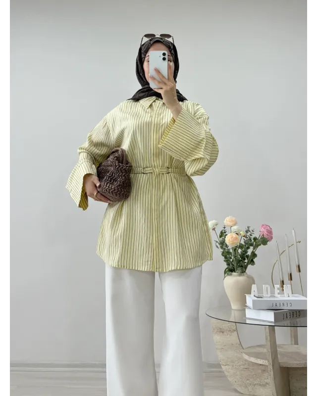 Soft Yellow Striped Shirt with Buckle Detail