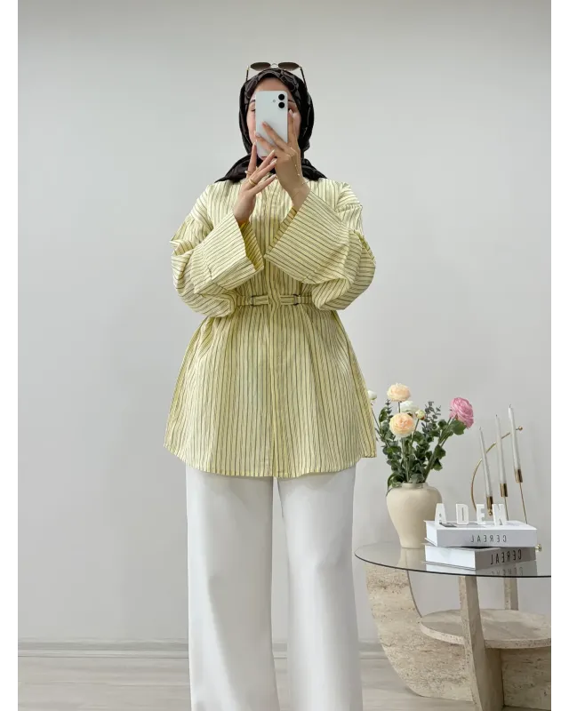 Soft Yellow Striped Shirt with Buckle Detail