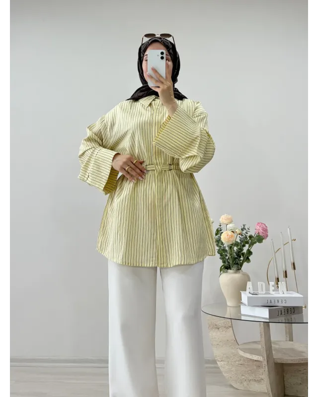 Soft Yellow Striped Shirt with Buckle Detail