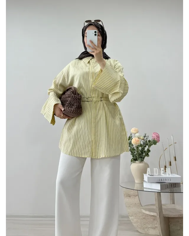 Soft Yellow Striped Shirt with Buckle Detail