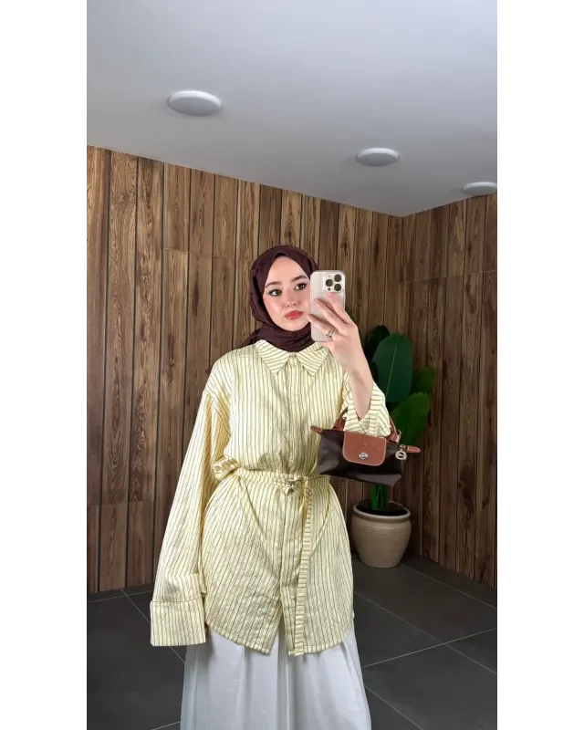 Soft Yellow Striped Shirt with Buckle Detail