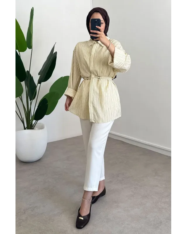 Soft Yellow Striped Shirt with Buckle Detail