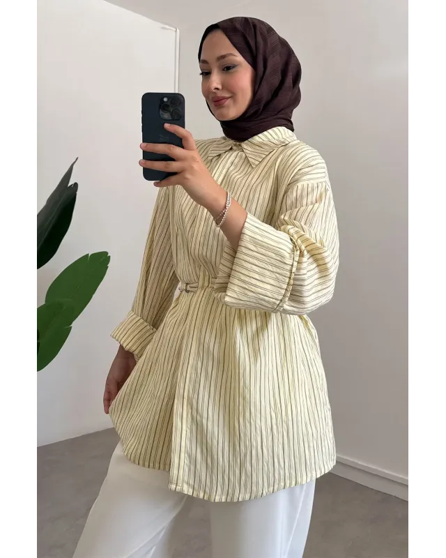 Soft Yellow Striped Shirt with Buckle Detail