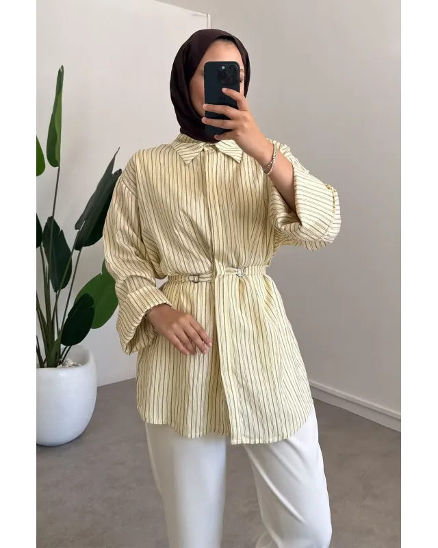 Soft Yellow Striped Shirt with Buckle Detail