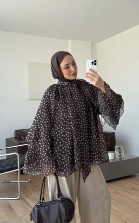 Brown Polka Dot Ruffle Sleeve Shirt