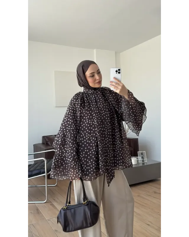Brown Polka Dot Ruffle Sleeve Shirt