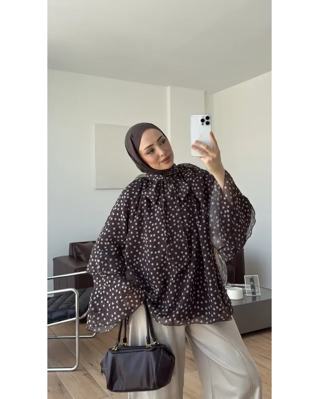 Brown Polka Dot Ruffle Sleeve Shirt