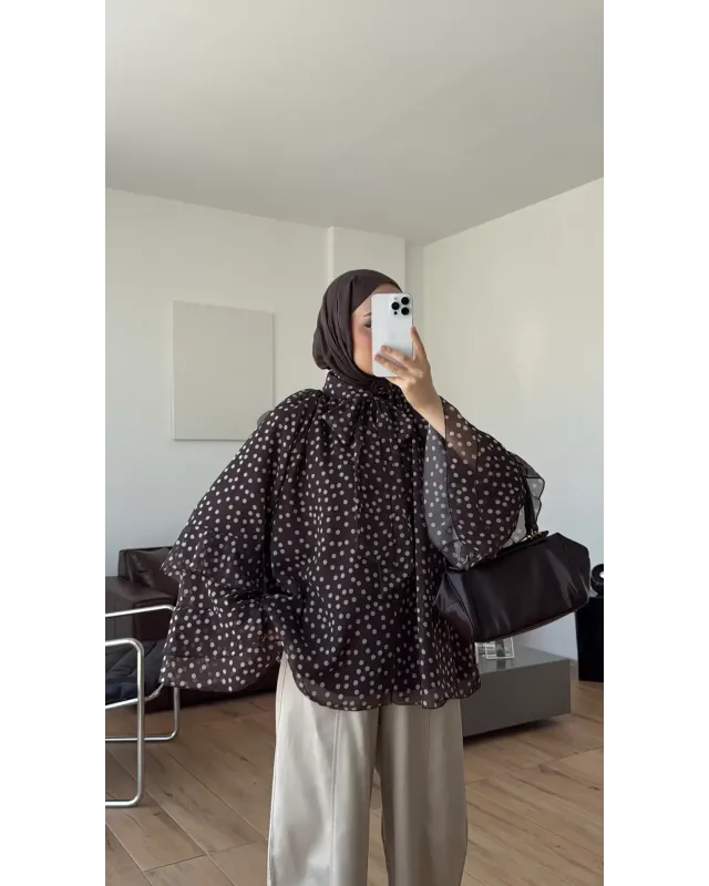 Brown Polka Dot Ruffle Sleeve Shirt