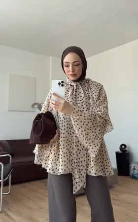 Beige Polka Dot Ruffle Sleeve Shirt