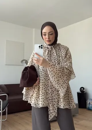 Beige Polka Dot Ruffle Sleeve Shirt