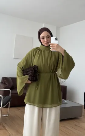 Olive Green  Flowy Chiffon Blouse with belt