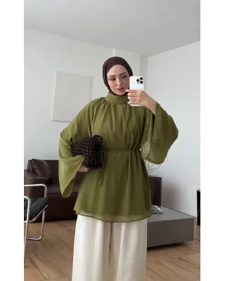 Olive Green  Flowy Chiffon Blouse with belt