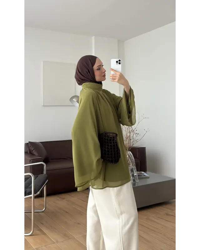 Olive Green  Flowy Chiffon Blouse with belt