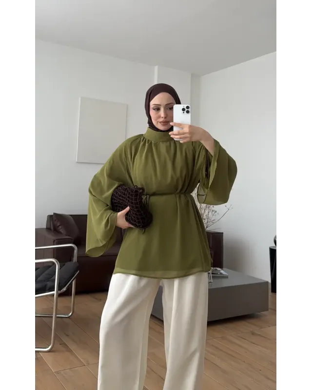 Olive Green  Flowy Chiffon Blouse with belt