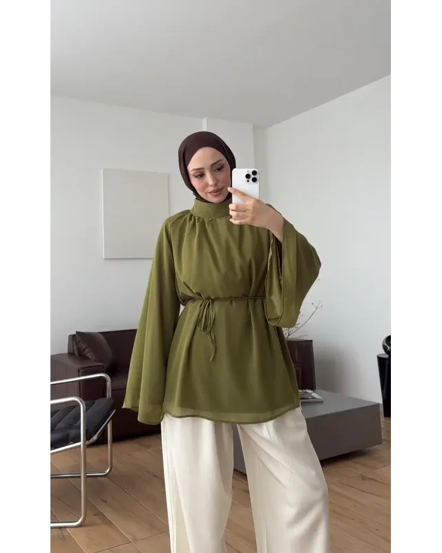 Olive Green  Flowy Chiffon Blouse with belt