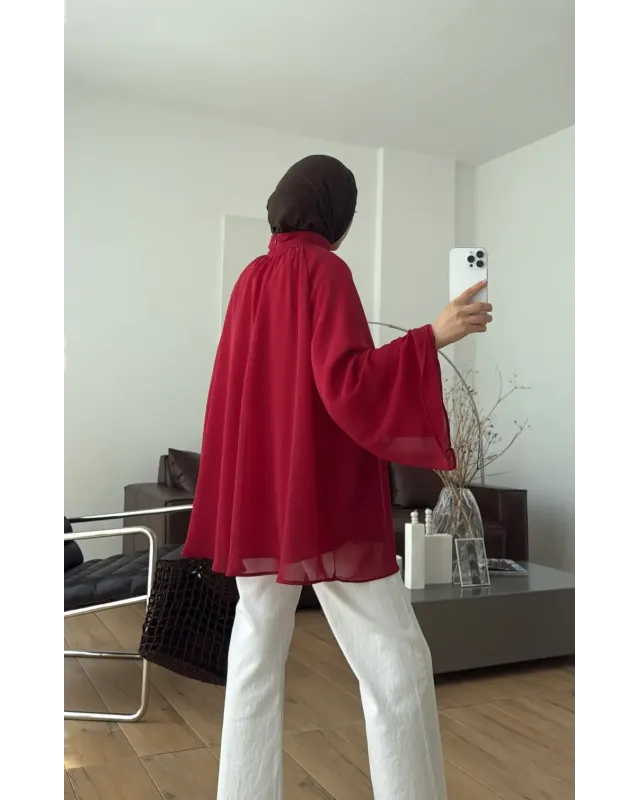 Red  Flowy Chiffon Blouse with belt