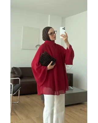 Red  Flowy Chiffon Blouse with belt