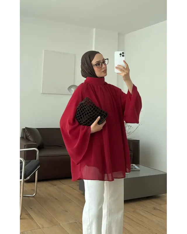 Red  Flowy Chiffon Blouse with belt