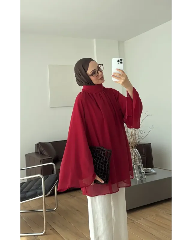 Red  Flowy Chiffon Blouse with belt