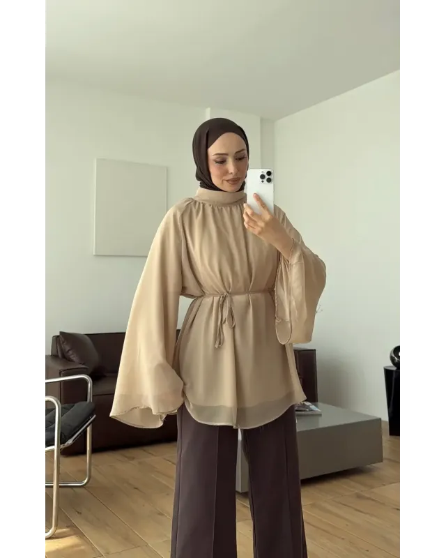 Light Brown Flowy Chiffon Blouse with belt